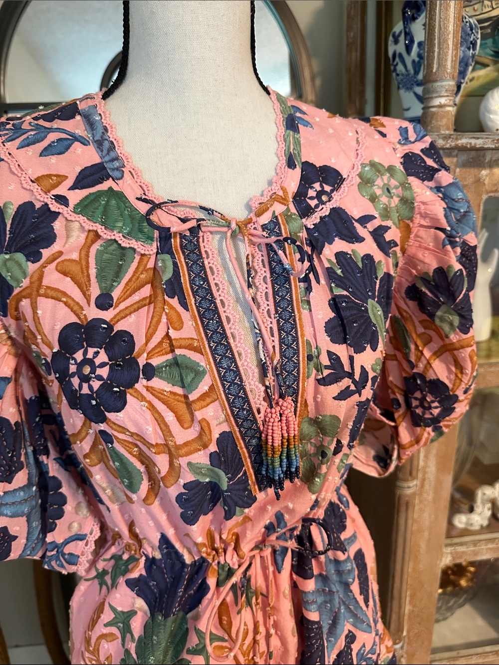 FARM Rio Pink Floral Puff-Sleeve Mini Dress with Blue & Green Print - Picture 2 of 8